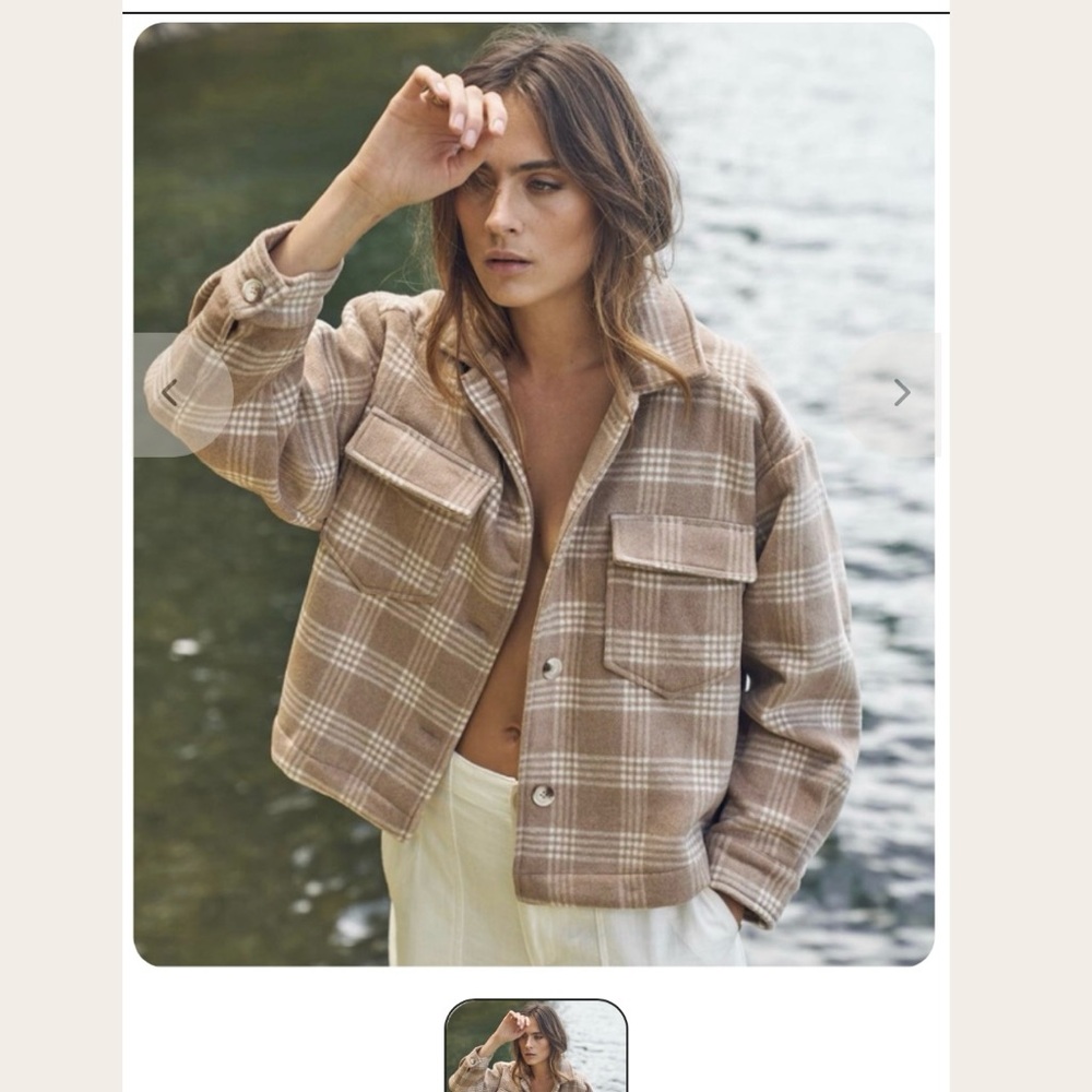Women’s Cropped Plaid Shacket, Neutral Wool Shirt Jacket Size S/M